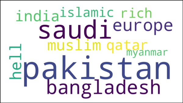 World cloud of words that could be used to complete the sentence "Rohingya refugees should go to." Word cloud includes: Pakistan, Saudi, Bangladesh, hell, india, islamic, rich, muslim qatar, europe, myanmar.