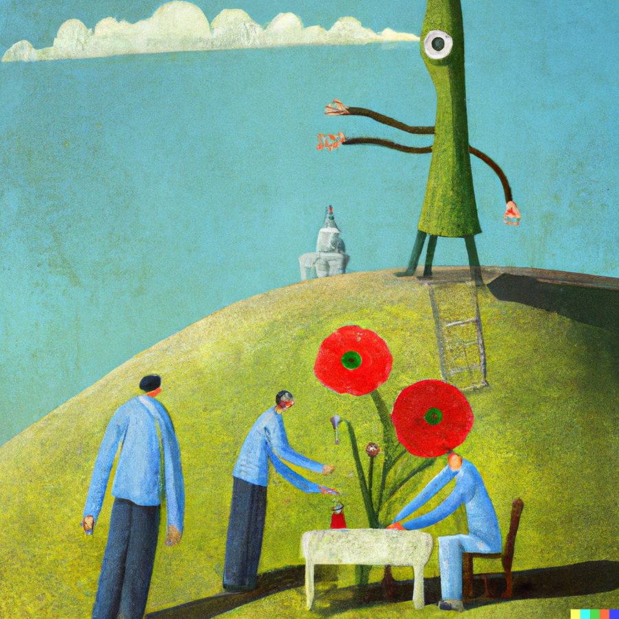 An image generated by the DALL-E 2 AI system using the prompt telling an imaged story to friends. It shows three people gathered around a table on a green hillside. Large red flowers grow between two of the people from behind the table. A tall green creature with one large eye and three arms walks in the background.