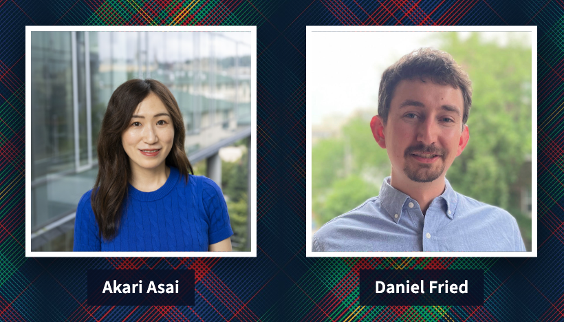 Headshots of Akari Asai and Daniel Fried over the CMU tartan background