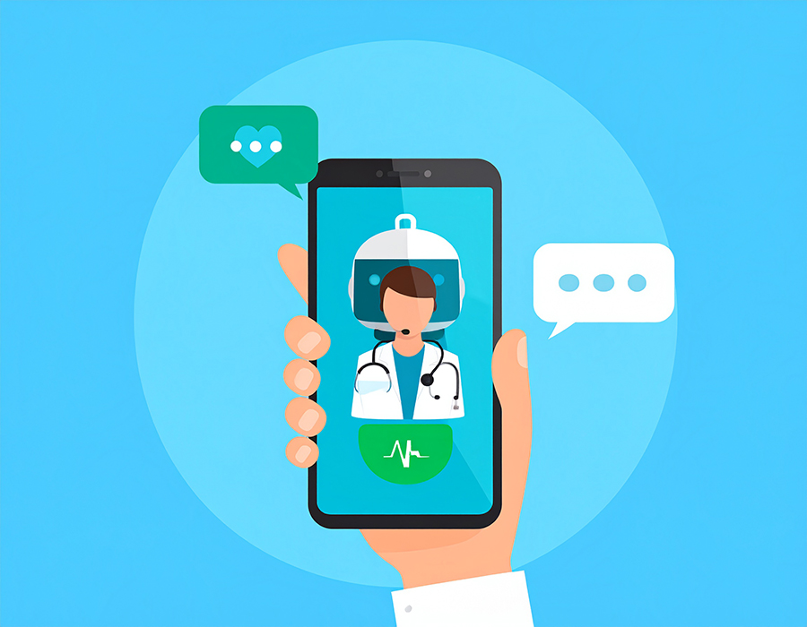 Illustrated image of a hand holding a smartphone in front of a blue background, with the image of a physician on the phone screen