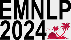 The EMNLP 2024 logo, which features a red silhouette of palm trees, birds, and a setting sun 