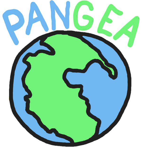 An illustration of a globe showing the single continent Pangea, with the word Pangea written above it in an arc, blue and green, with a handwriting font