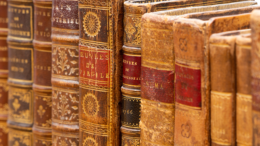 Stock photo showing the spines of old books on a shelf