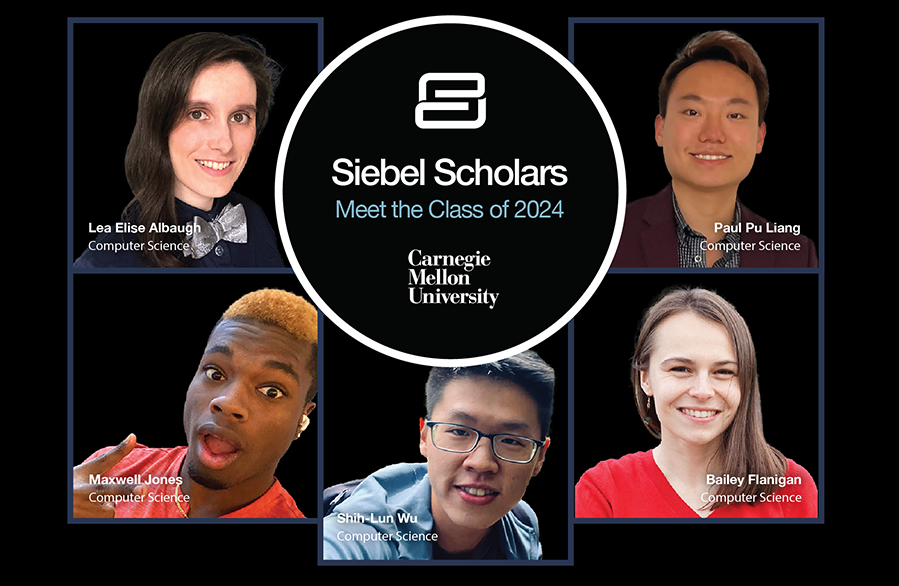 A graphic showing the five CMU students to be named 2024 Siebel Scholars
