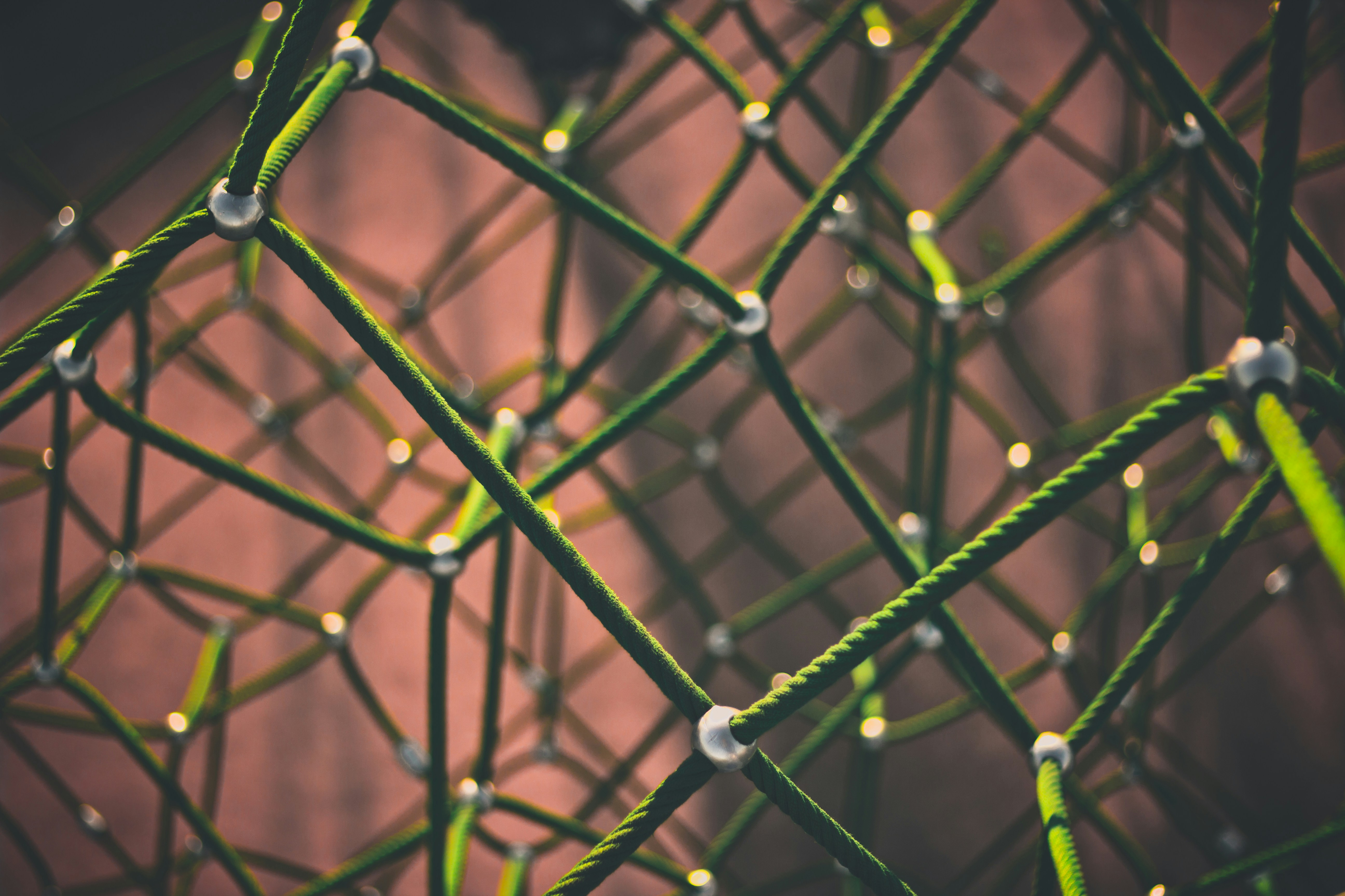 Close-up image of small white spheres connected to each other by green thread