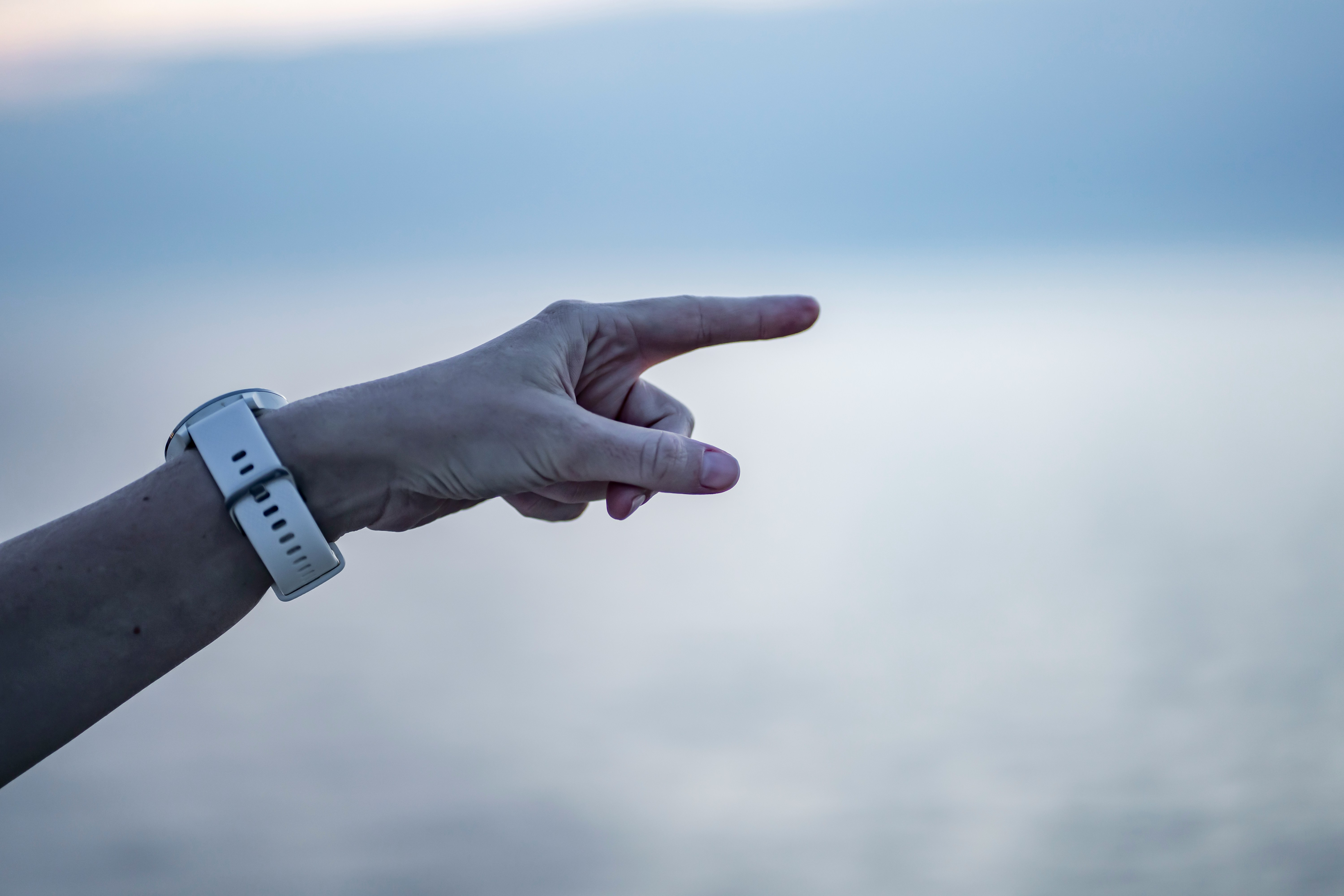 Photograph of an arm outstretched, pointing a finger